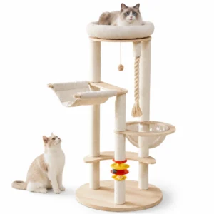 Multi-functional wooden cat tree with space capsule pod, soft condo, hanging ball and scratching posts