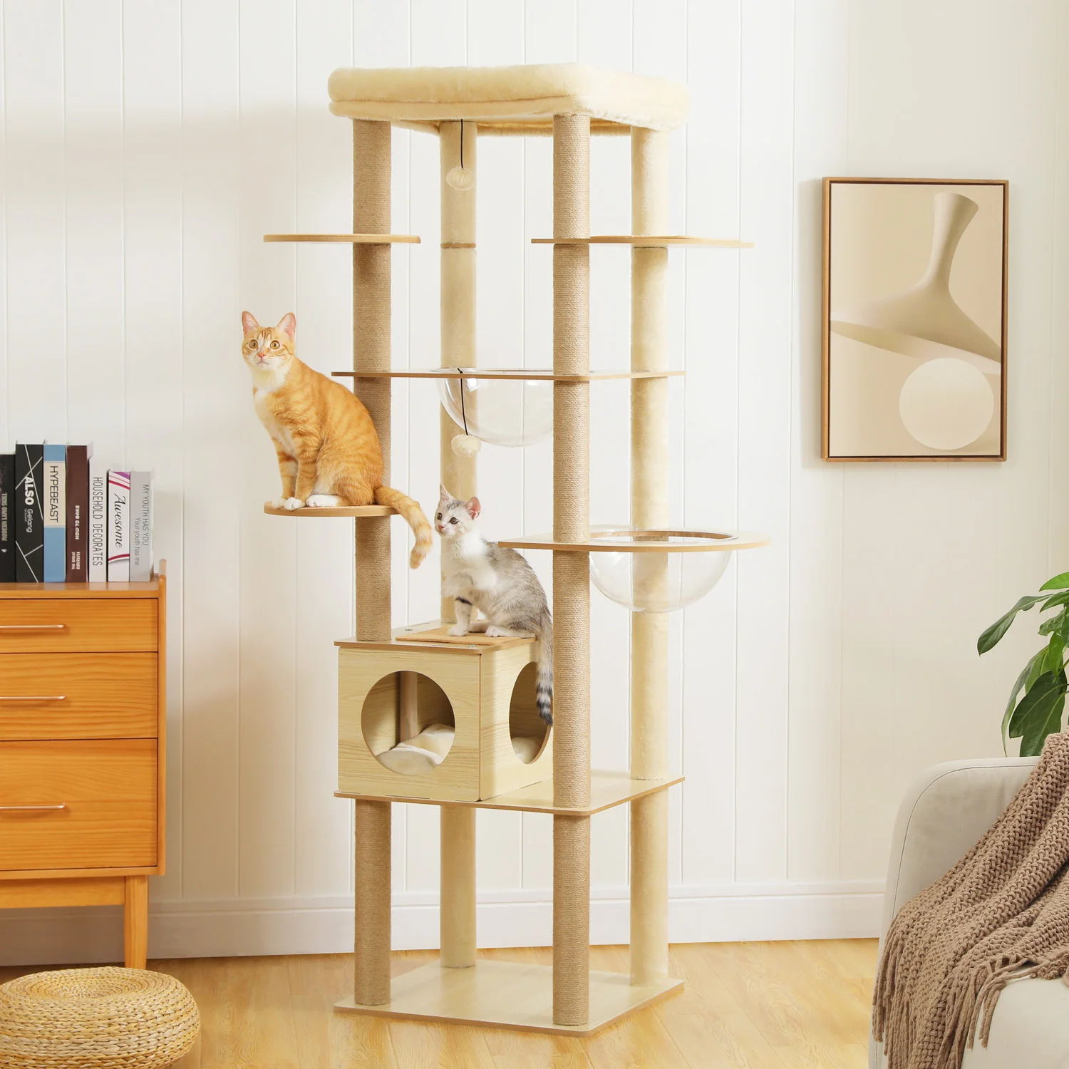 Multi-level indoor wood cat tree with hammock, condo, top perch and scratching posts