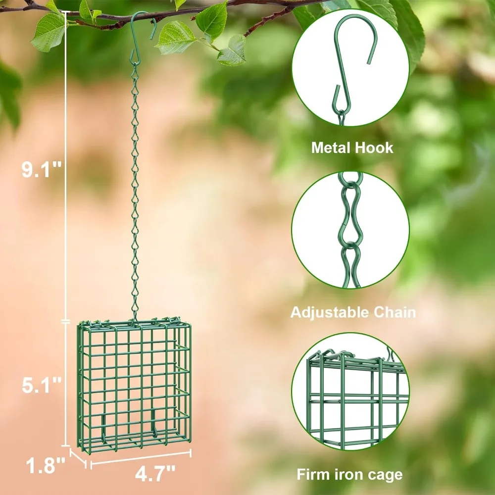 Squirrel‑proof heavy‑duty metal suet feeder cage with adjustable chain hanging in a garden – view 2