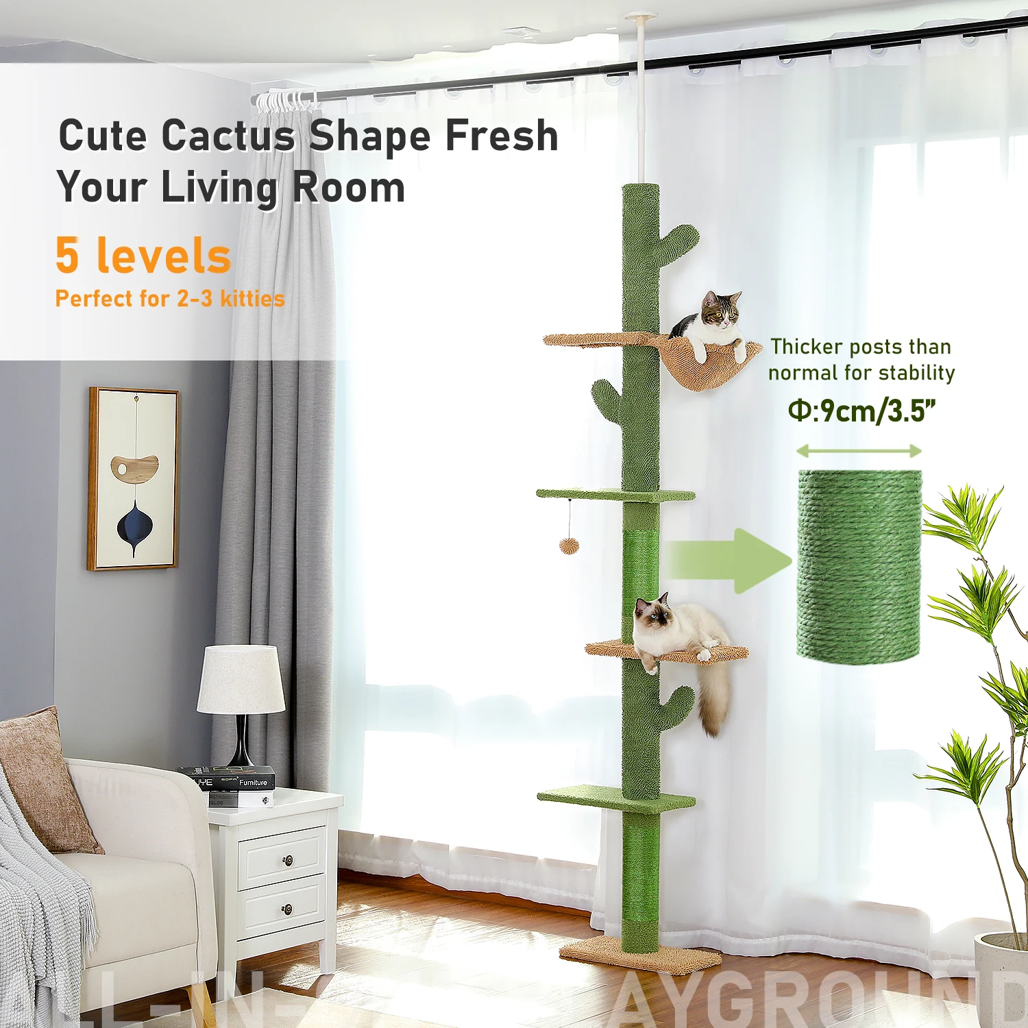 5-tier floor-to-ceiling cat tree with hammock, scratching post and dangling ball for indoor cats – view 2