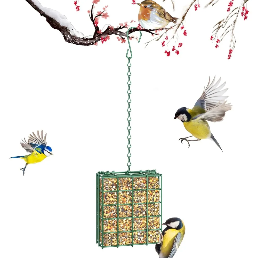 Squirrel‑proof heavy‑duty metal suet feeder cage with adjustable chain hanging in a garden – view 3