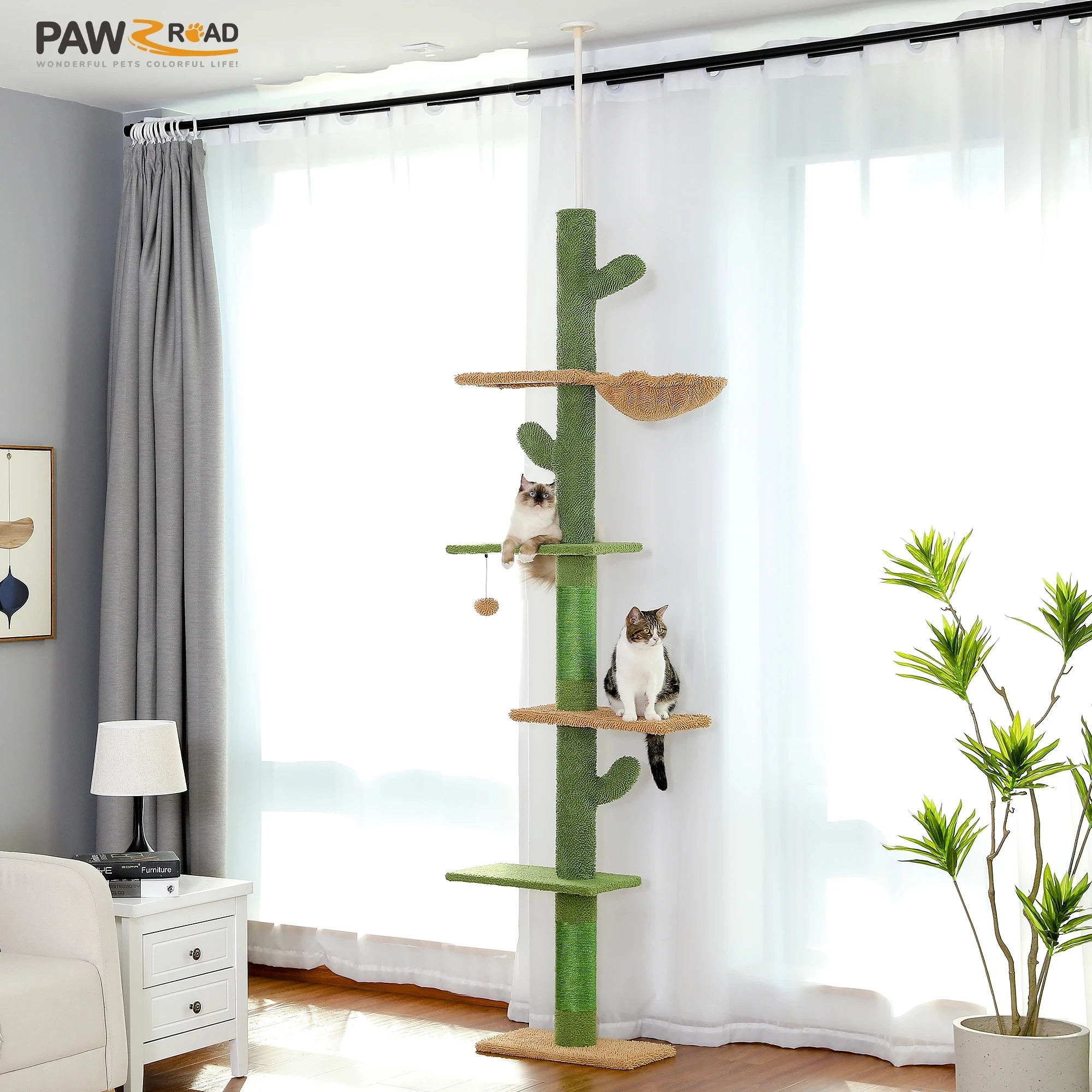 5-tier floor-to-ceiling cat tree with hammock, scratching post and dangling ball for indoor cats