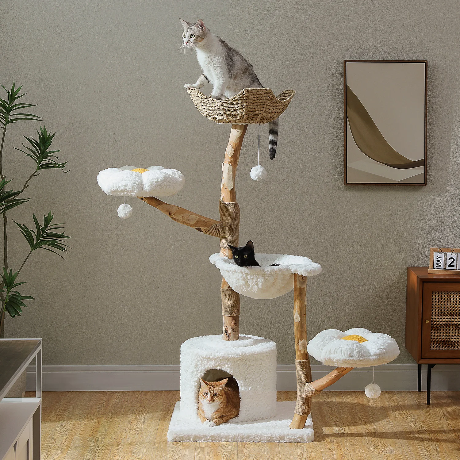 Large Cat Tree Tower with Sisal Scratching Post and Wicker Basket Bed — image %d – view 2