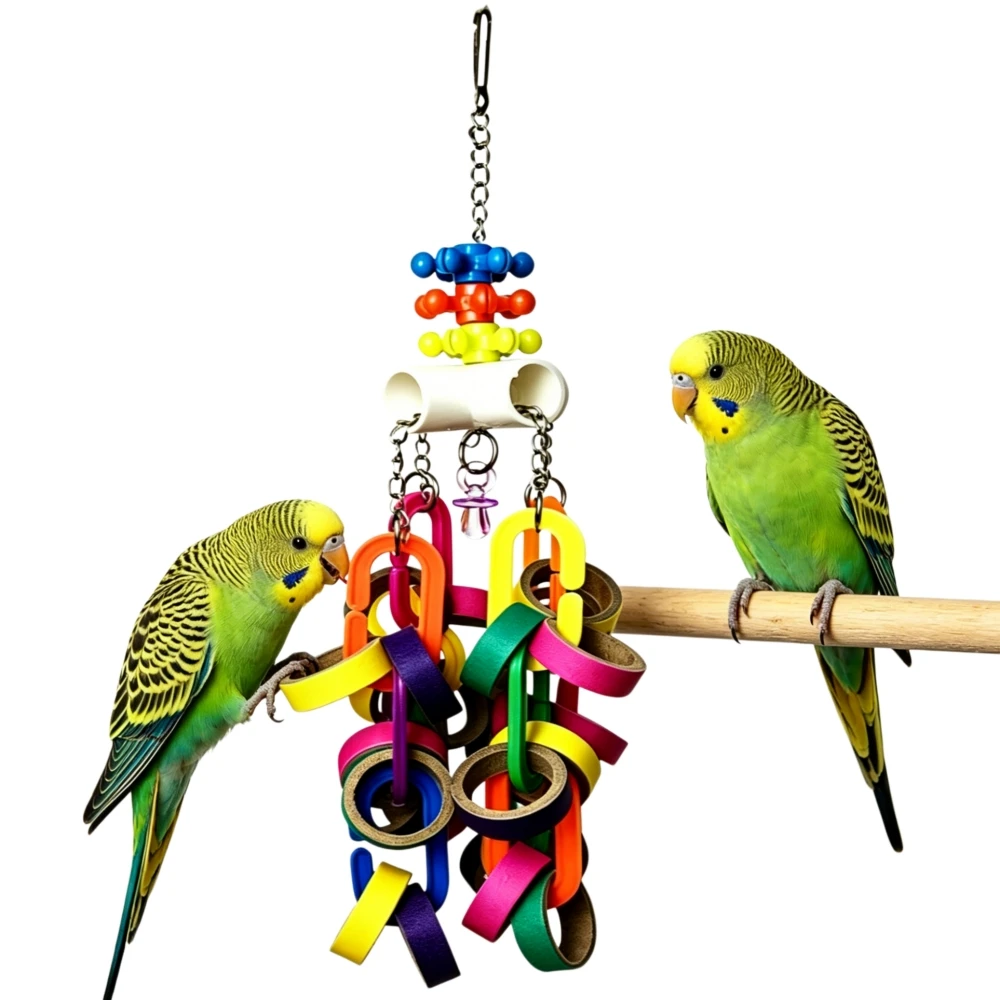 Colorful paper-ring foraging toy for parrots in a bird cage