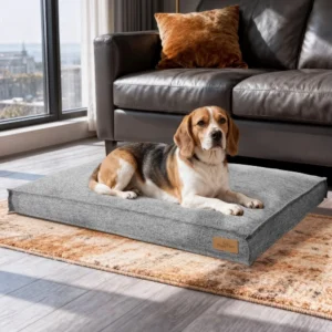 Large rectangular linen-style dog bed with foam base and waterproof lining