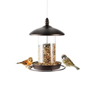 Metal hanging bird feeder with large roof and tray, six feeding ports for cardinals and other wild birds