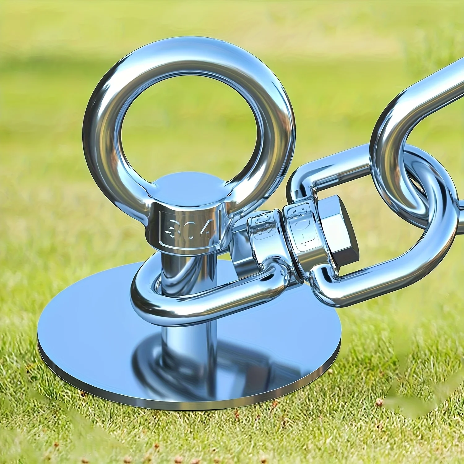 {title} on grass showing the 30 ft cable, 360° swivel and ground stake