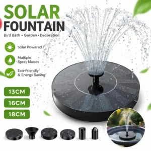 Solar fountain pump shown installed in a bird bath; alternative view in a garden pond and inside an aquarium