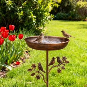 Vintage iron standing birdbath bowl on a pedestal in a garden setting
