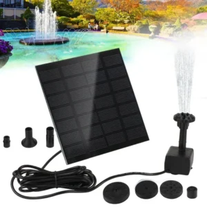 Mini 1.2W solar fountain pump and solar panel set up in a small garden fountain