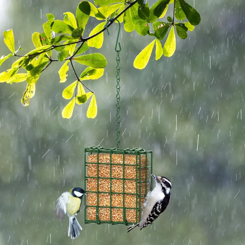 Squirrel‑proof heavy‑duty metal suet feeder cage with adjustable chain hanging in a garden – view 4