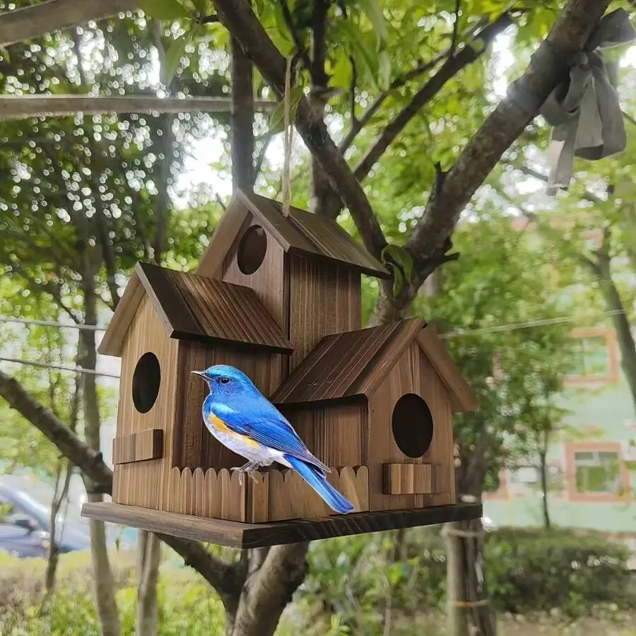 Three‑Chamber Wooden Hanging Bird House with clear wood grain, showing three entrances and hanging loop – view 3