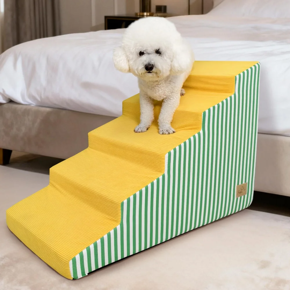 {title} placed next to a sofa with a dog climbing the steps – view 2