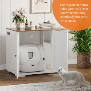 Cat litter enclosure cabinet for Litter Robot 3 and 4 with dog-proof shelf and power outlet access