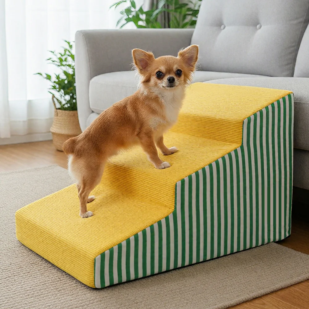 {title} placed next to a sofa with a dog climbing the steps – view 3