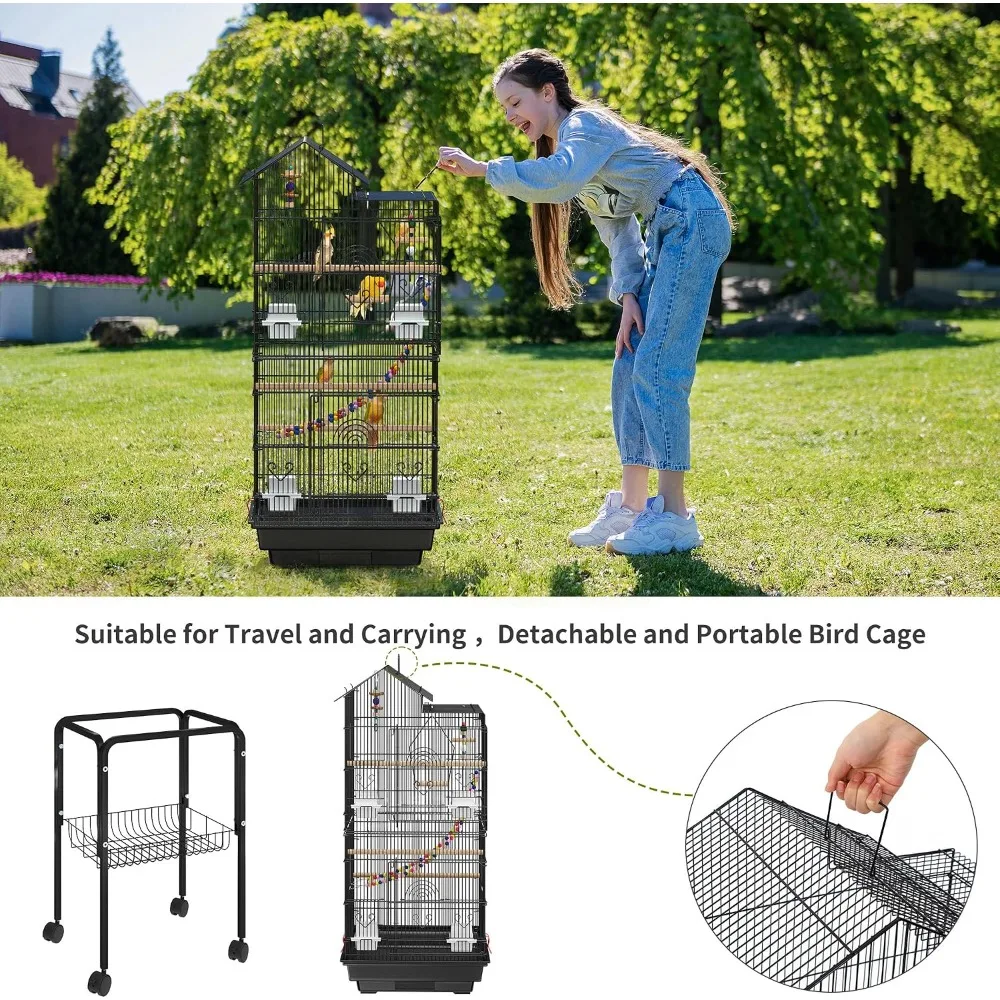 Large 62-inch metal bird cage with rolling stand — suitable for cockatiels, lovebirds, parakeets and pigeons – view 3