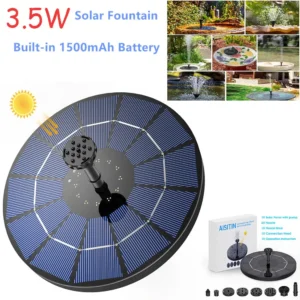 3.5W solar fountain pump with interchangeable nozzles floating in a bird bath