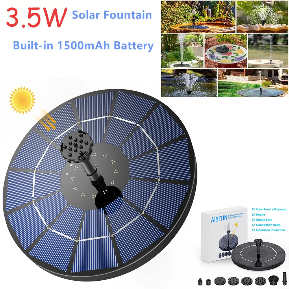 3.5W solar fountain pump with interchangeable nozzles floating in a bird bath