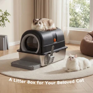 24in stainless steel enclosed cat litter box with scoop and mat