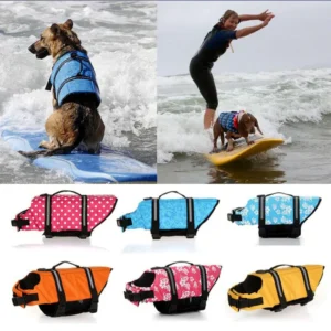 Dog wearing swimming life jacket with pull handle - {size} - {color}