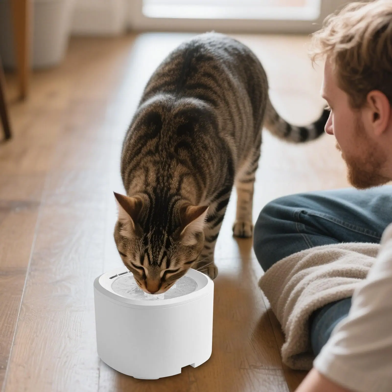 3L USB pet water fountain on floor — quiet indoor fountain for cats and small dogs