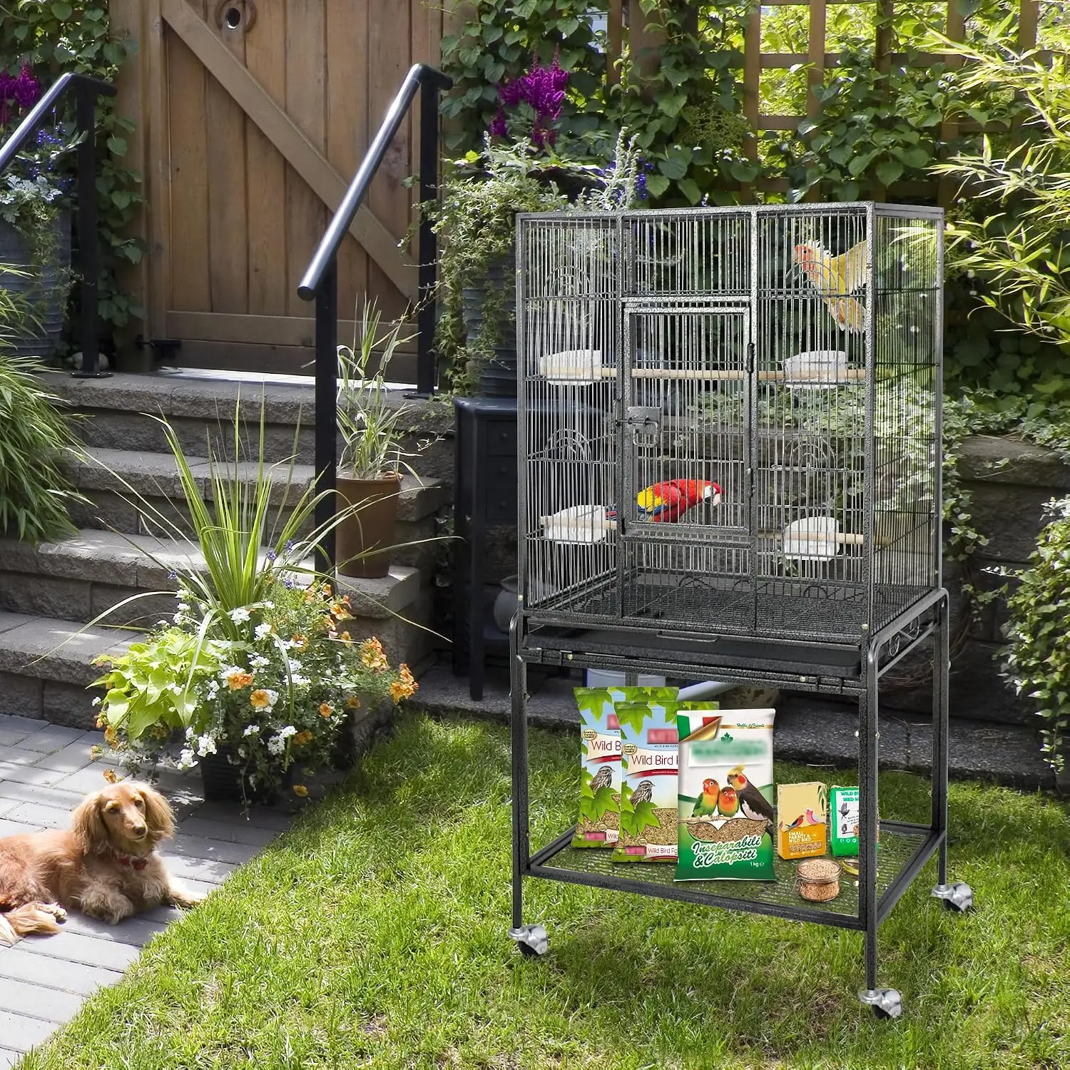 53-Inch Wrought Iron Bird Flight Cage (Black) on rolling stand – view 3