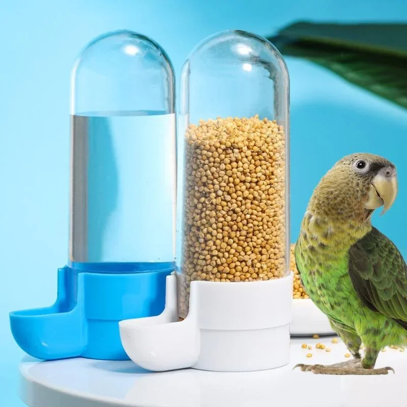Hanging bird feeder and water dispenser attached to cage, showing food box and water area – view 4