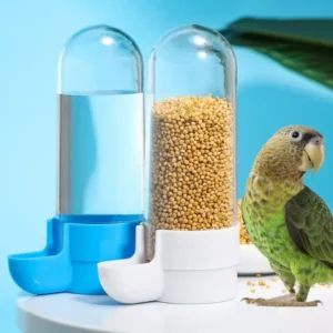 Hanging bird feeder and water dispenser attached to cage, showing food box and water area