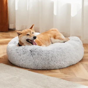 Round plush faux fur calming dog bed for medium to large dogs