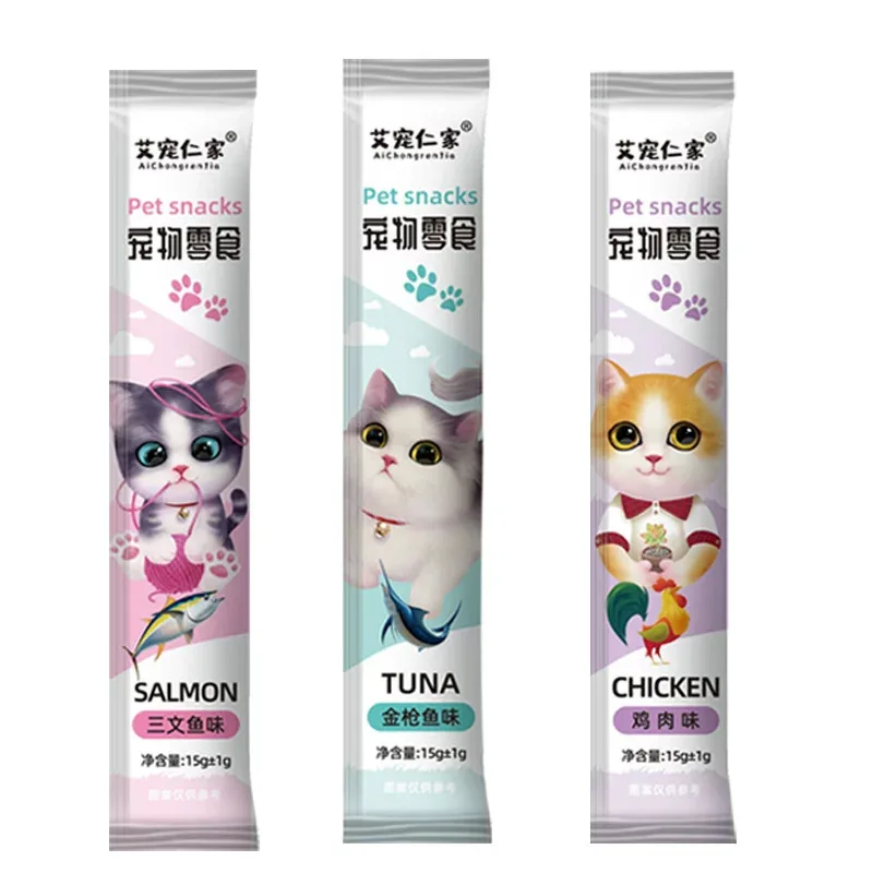 Pack of 20 high-meat lickable cat treat tubes (0.5 oz) in chicken, salmon and tuna flavors