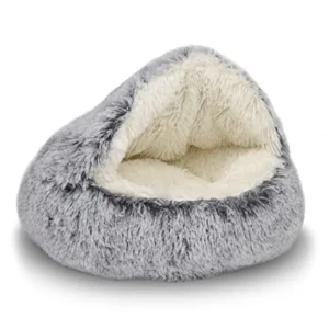 Hooded round plush cat bed — cozy doughnut cave for indoor cats or small dogs