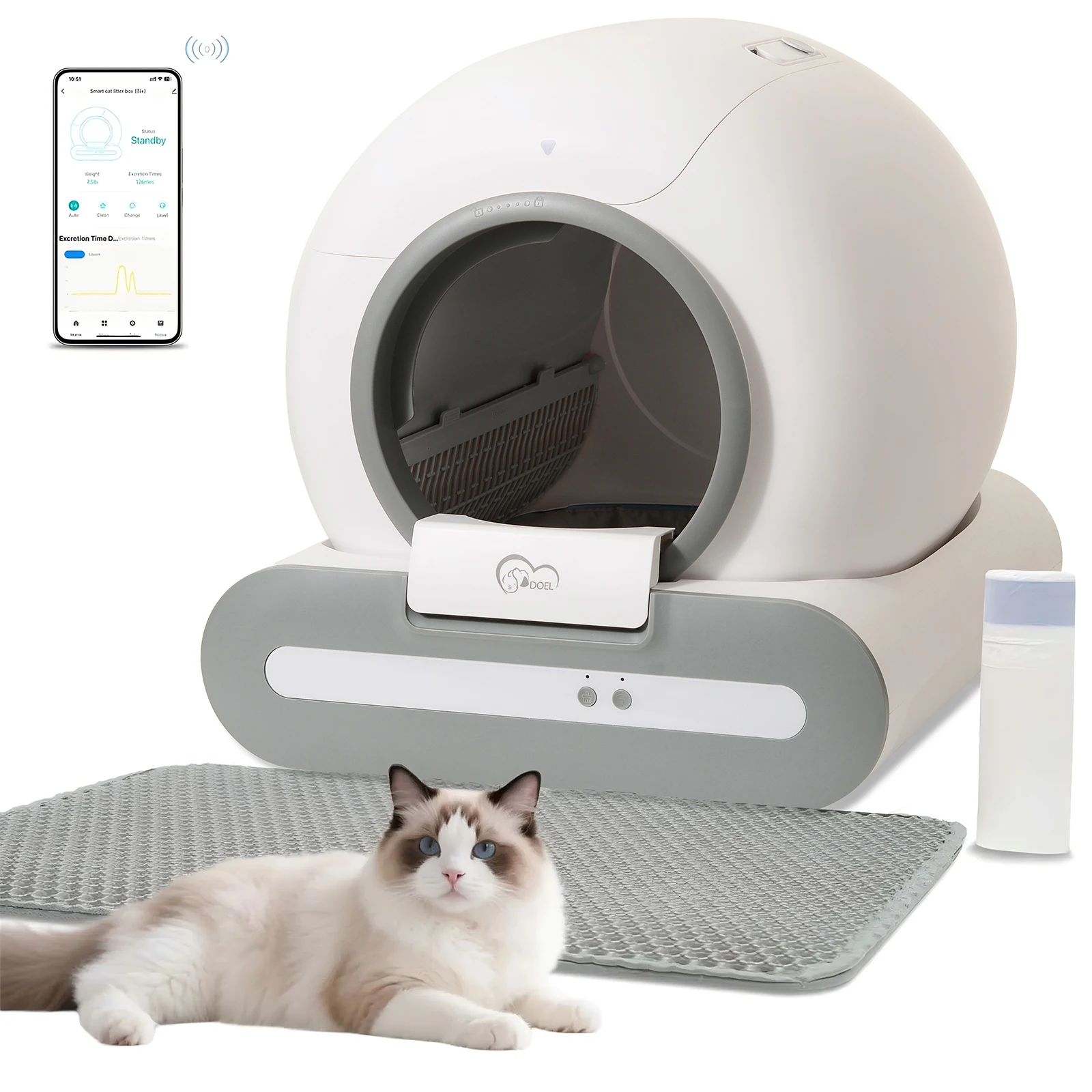 DOEL 65L self-cleaning cat litter box — app control, 2.4G WiFi, includes litter mat and trash bags