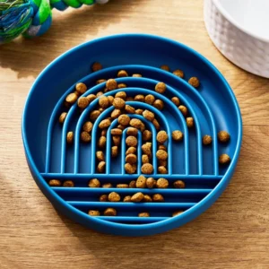 Blue rainbow silicone slow feeder bowl and dish mat for dogs and cats