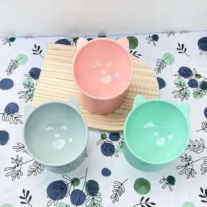 Tilted anti-choke pet bowl with high neck protector for dogs and cats