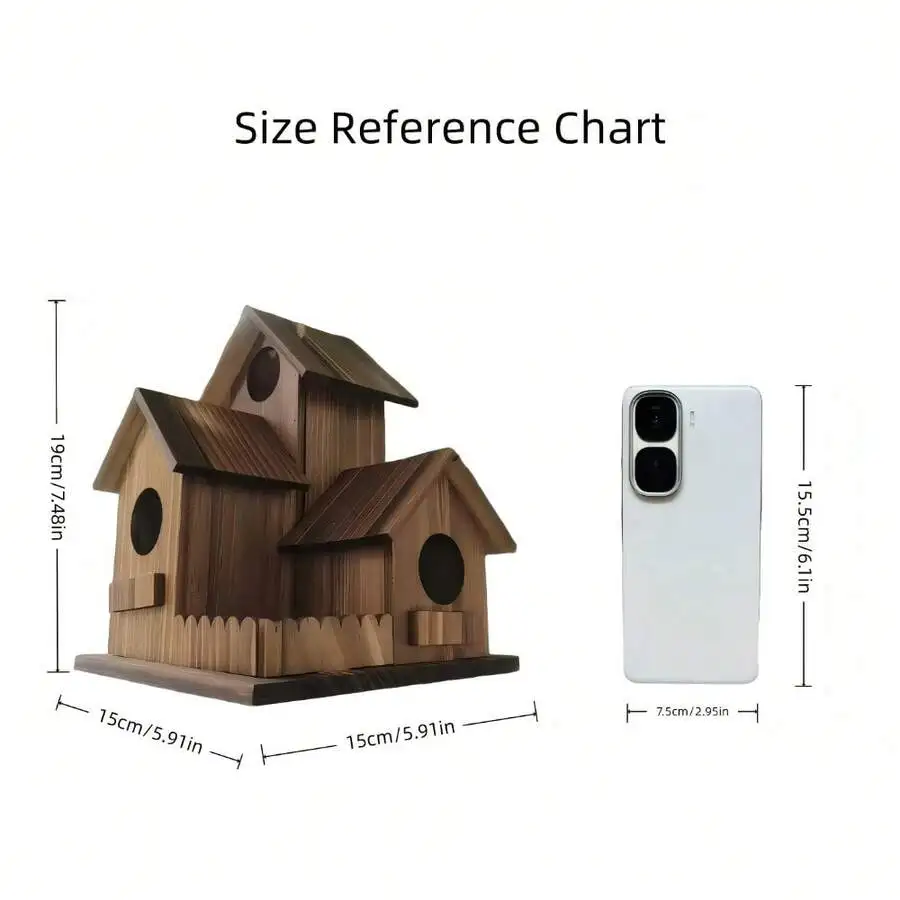 Three‑Chamber Wooden Hanging Bird House with clear wood grain, showing three entrances and hanging loop – view 2