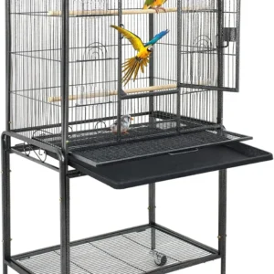 53-Inch Wrought Iron Bird Flight Cage (Black) on rolling stand
