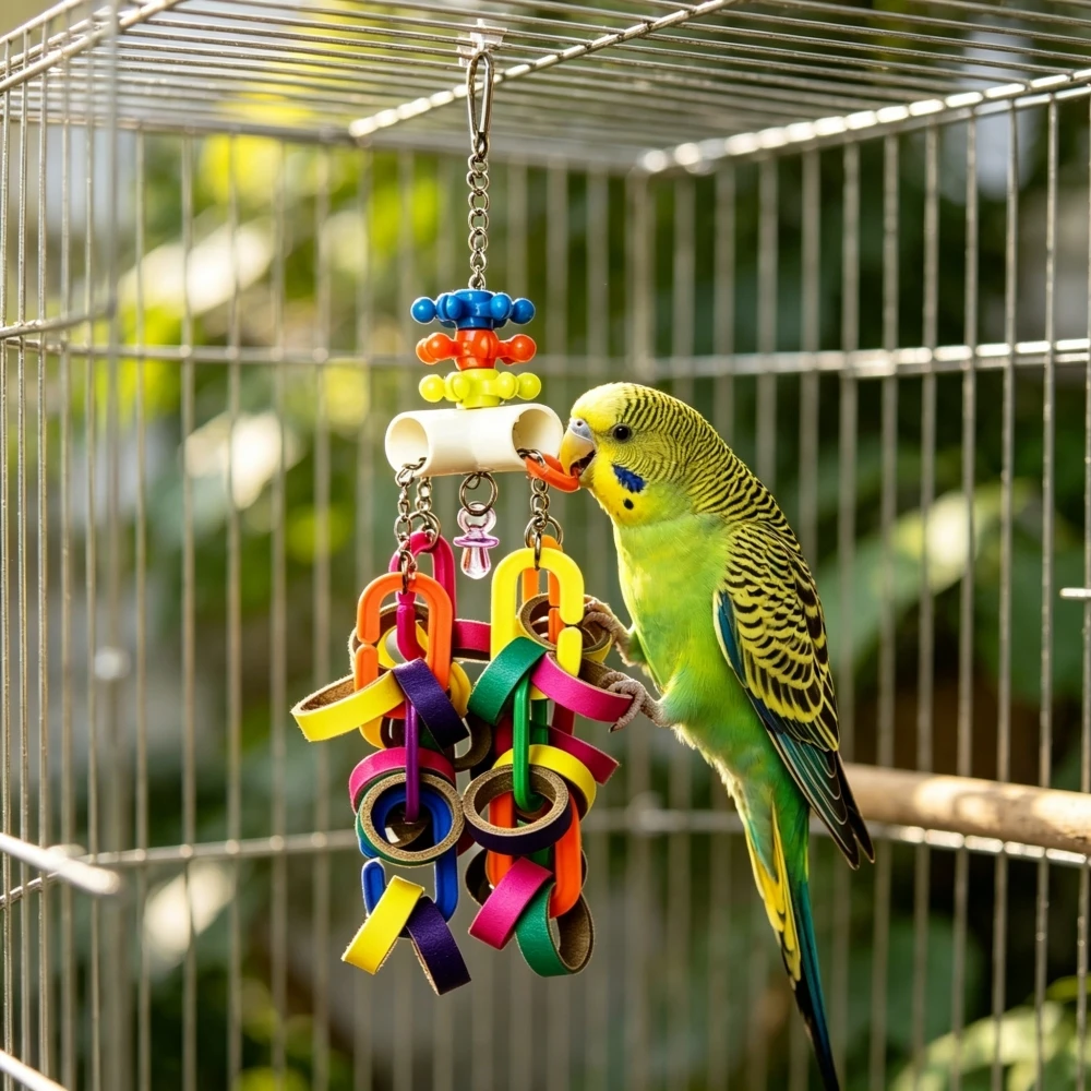 Colorful paper-ring foraging toy for parrots in a bird cage – view 2