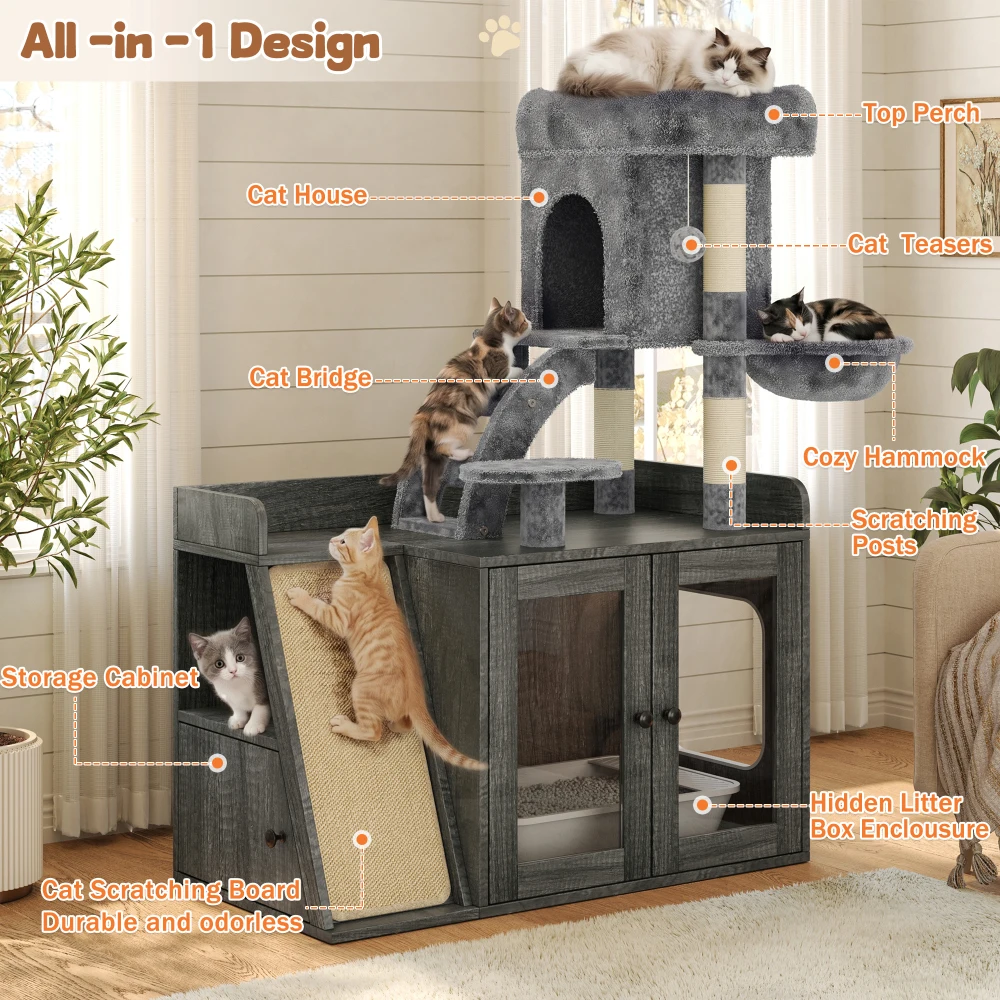 Grey modular cat tower with hidden litter box, LED light, sisal scratching board and upper platform – view 3