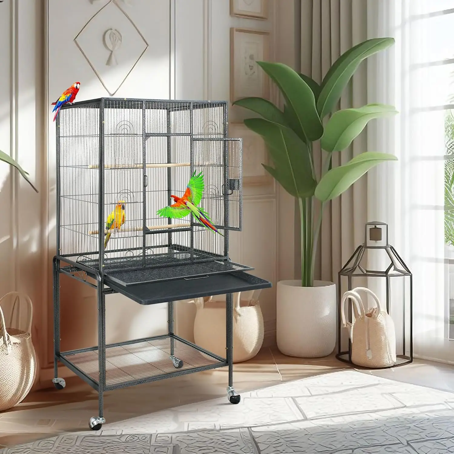 53-Inch Wrought Iron Bird Flight Cage (Black) on rolling stand – view 2