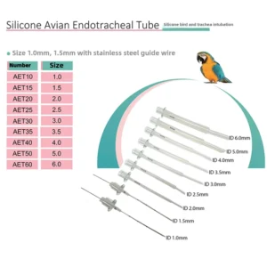 Silicone bird tracheal tube set — 9 white tubes 1.0–6.0 mm in compact box