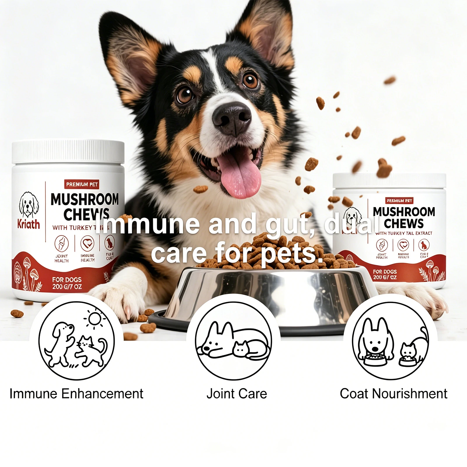 Kriath Beef Flavor Dog Nutrition Chews 200g pack with chews visible on surface