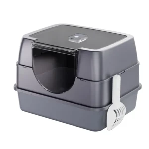 Gray side-entry enclosed cat litter box with scoop — {view}