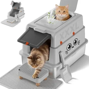 XXL stainless steel enclosed cat litter box with lid and integrated scratcher