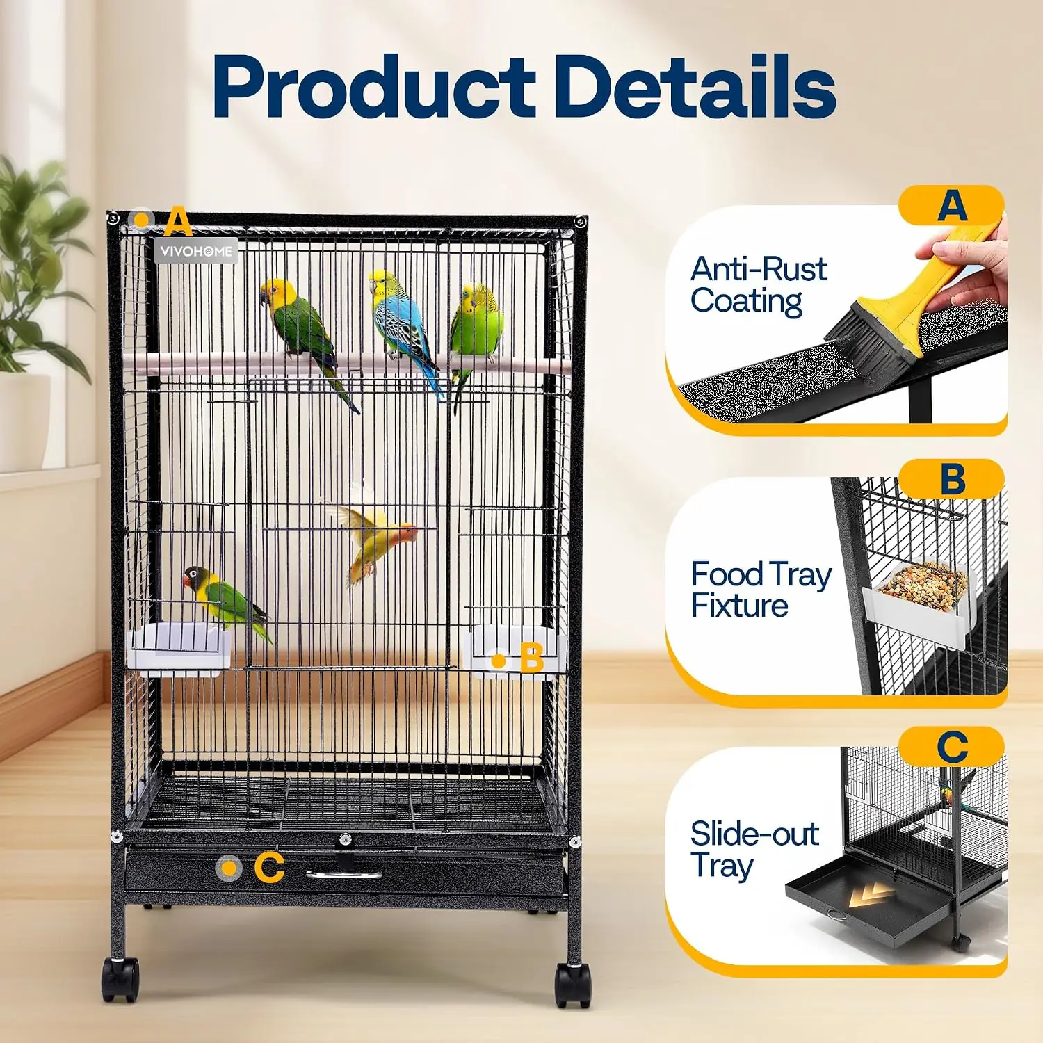 30 Inch Bird Cage with Rolling Stand, black — suitable for conures, cockatiels, lovebirds, finches – view 3
