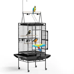 Large Bird Cage with Play Top, Wrought Iron, Rolling Wheels & Removable Tray for Cockatiels Lovebirds Finches
