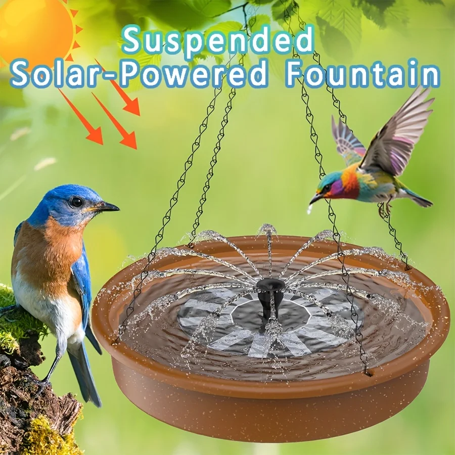 Solar-powered fountain pump with multi-pattern nozzles in a sunny garden bird bath — SKU SHR-AE-3256811976069476