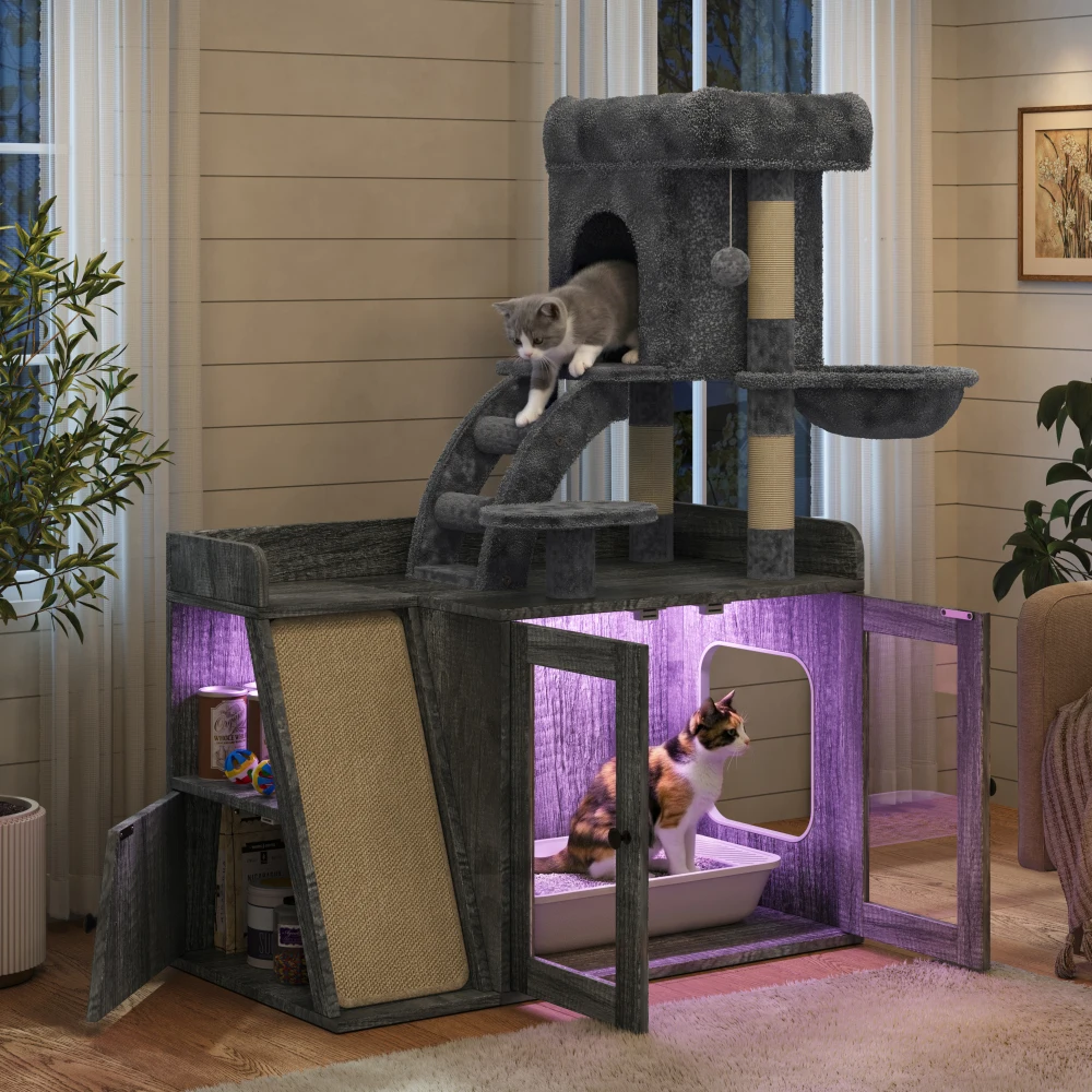 Grey modular cat tower with hidden litter box, LED light, sisal scratching board and upper platform – view 2