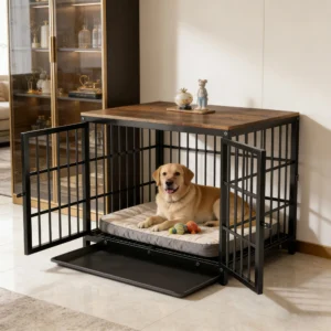Wooden dog crate table with three doors and removable tray — size {size}
