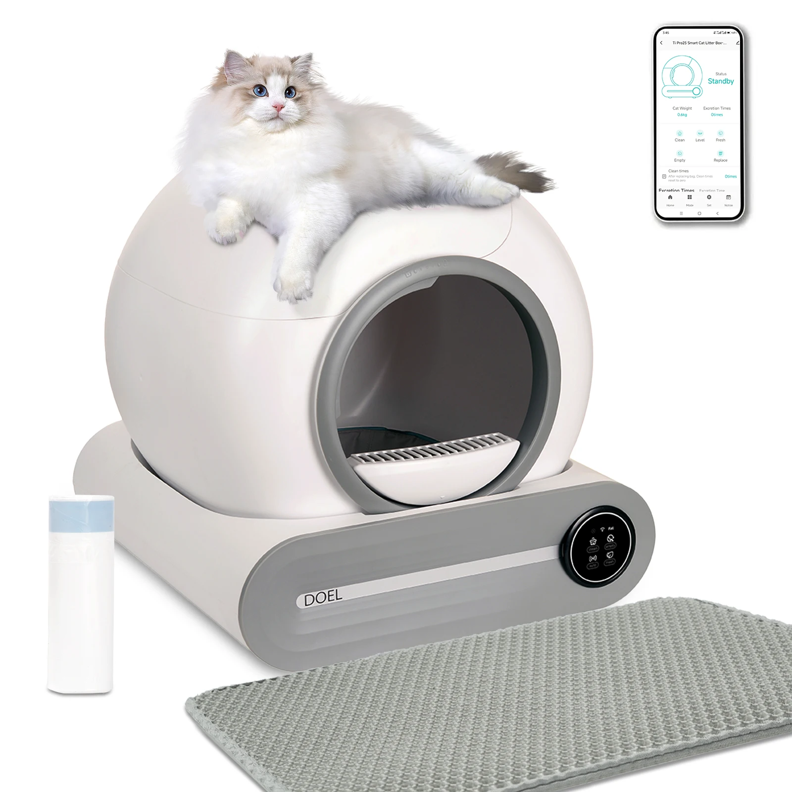 DOEL 65L self-cleaning smart cat litter box with included litter mat and trash bag – view 4