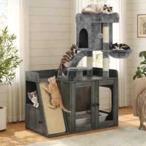 Grey modular cat tower with hidden litter box, LED light, sisal scratching board and upper platform